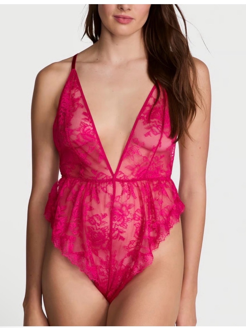 Victoria's Secret Hot Pink Lace Plunge Teddy NWT